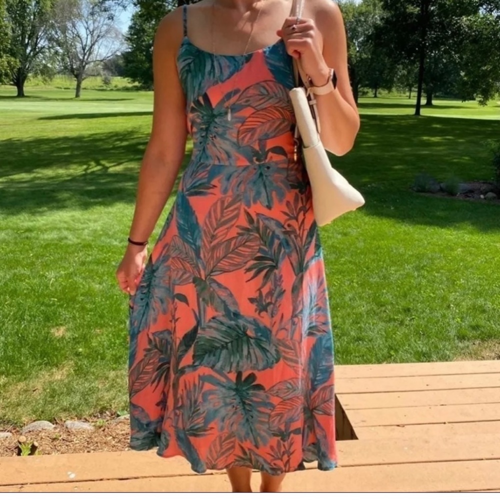 Cynthia Rowley coral midi dress with green dress all leaf print tie back